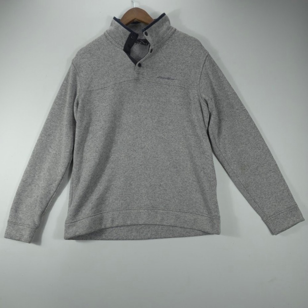 Eddie Bauer Sweater Fleece Pullover Mens L Gray Marled Snap Neck Outdoor